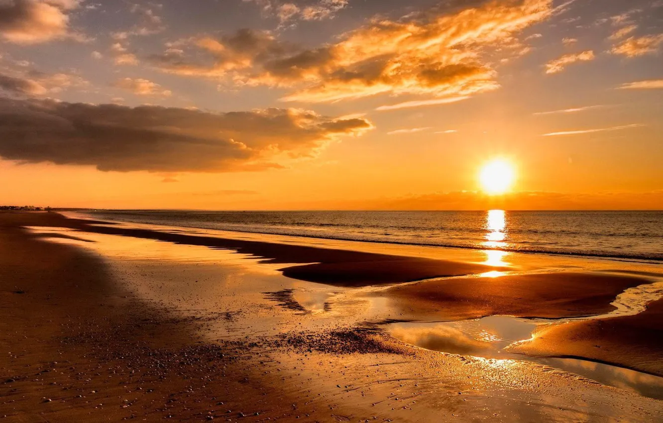 Photo wallpaper sand, sea, beach, sunset, golden sunset