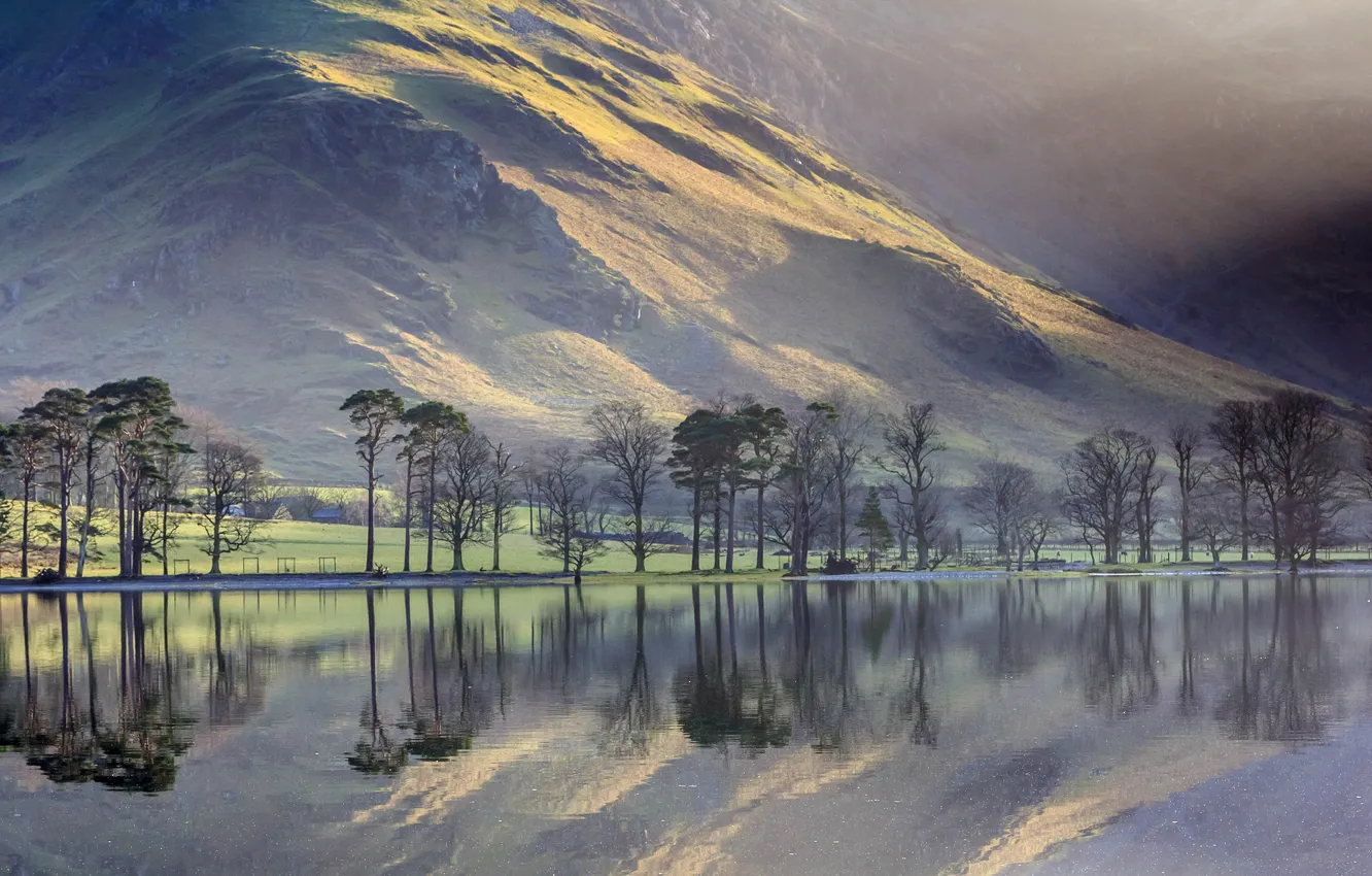 Photo wallpaper trees, mountains, lake, reflection