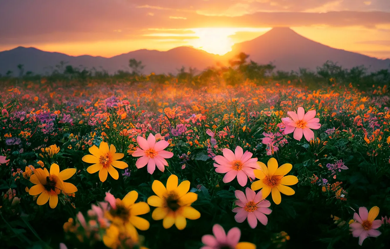 Photo wallpaper field, summer, the sun, sunset, flowers, mountains, yellow, bright