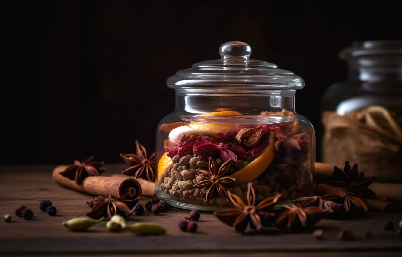 Photo wallpaper glass, table, Board, Bank, still life, placer, cinnamon, spices