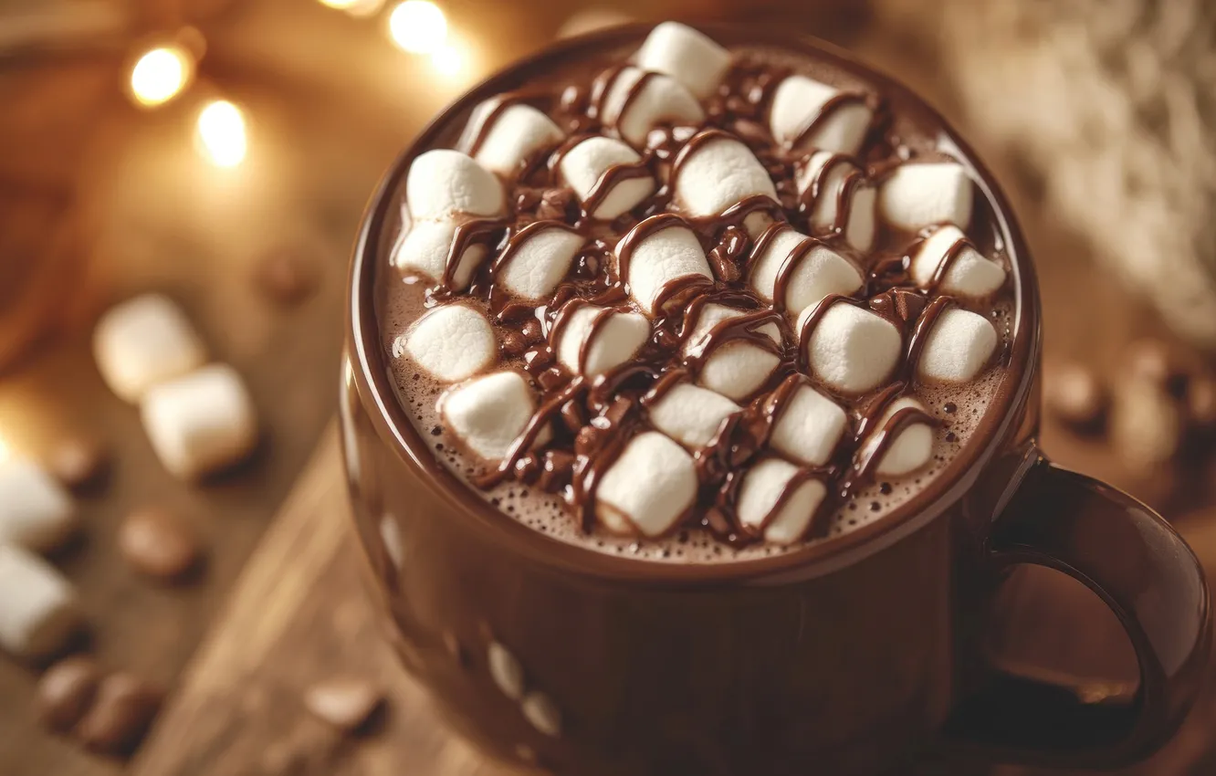 Photo wallpaper light, table, Board, coffee, Cup, garland, dessert, cocoa