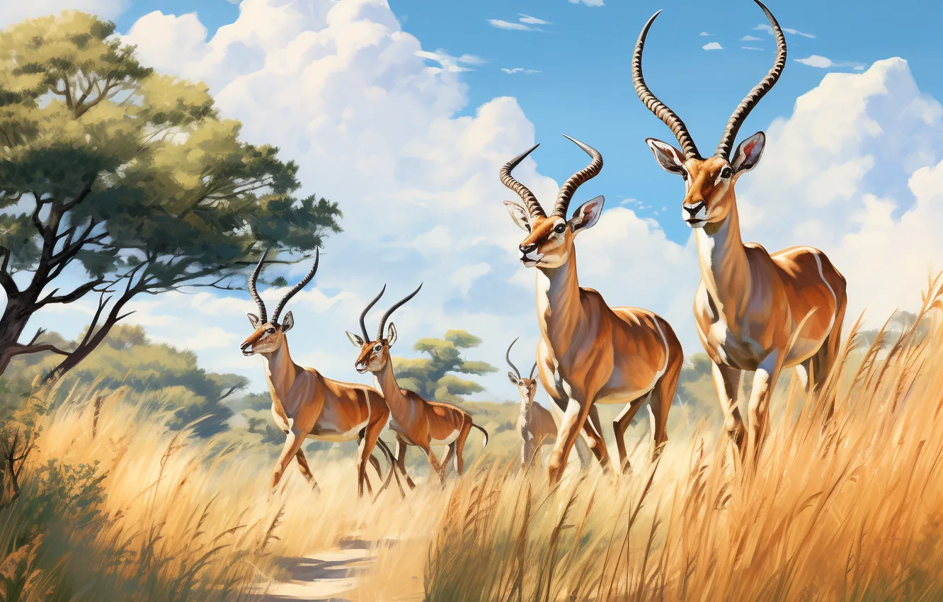 Photo wallpaper grass, art, Savannah, digital art, antelope, Impala, imitation painting, AI art