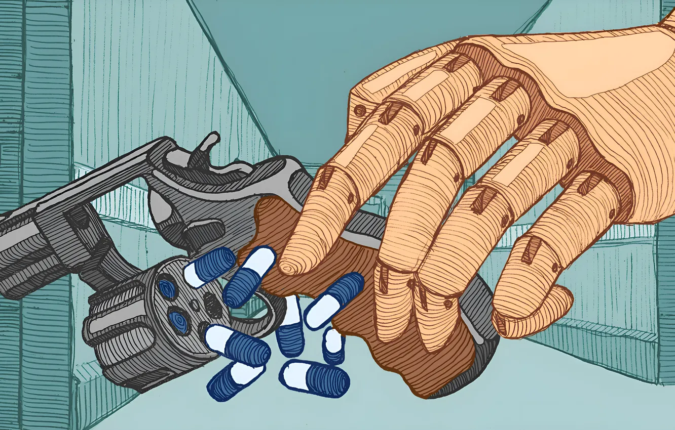 Photo wallpaper capsule, pills, revolver, prosthesis