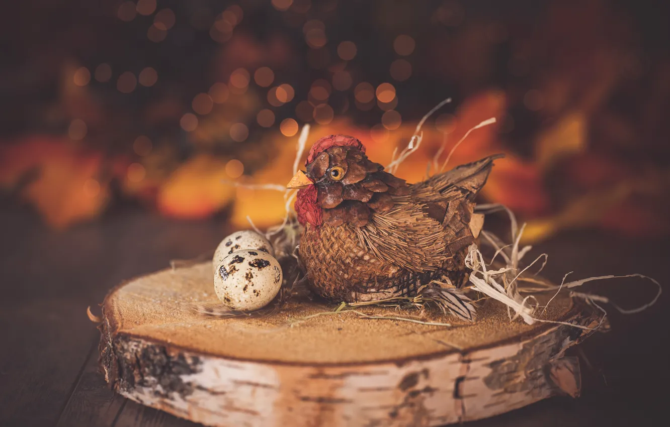 Photo wallpaper glare, table, background, bird, toy, eggs, chicken, Easter