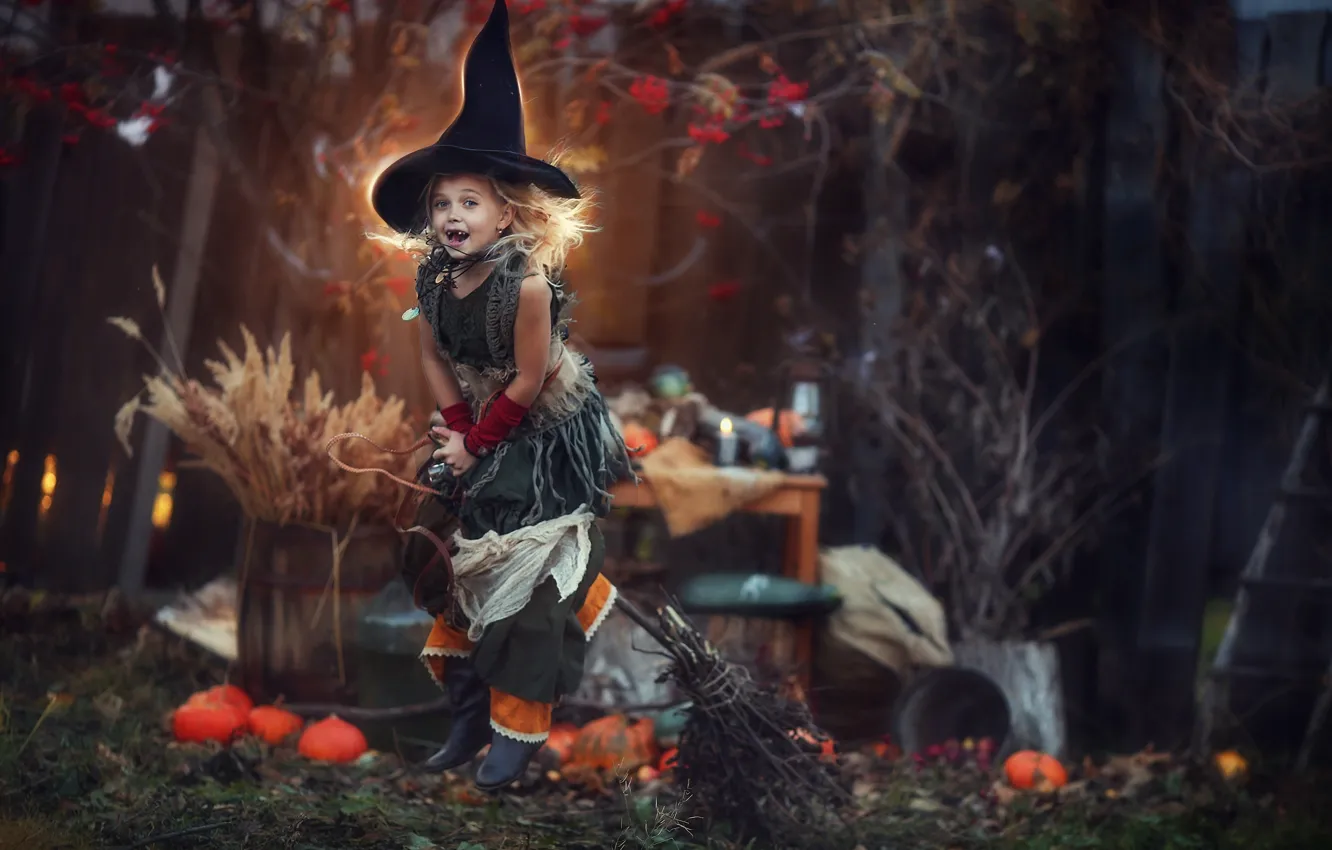 Photo wallpaper hat, girl, pumpkin, Halloween, witch, on the broom, Lyubov Pyatovskaya
