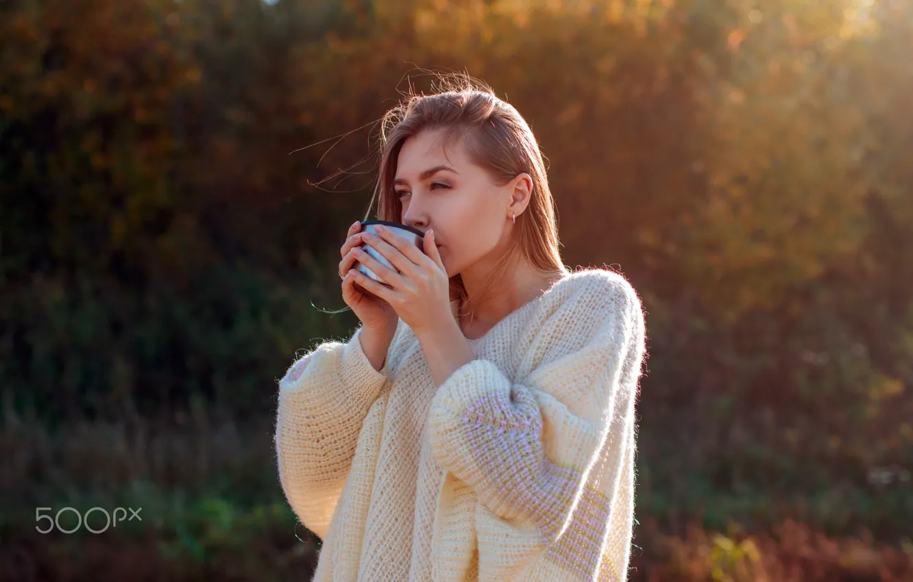 Photo wallpaper girl, long hair, brown hair, photo, model, cup, lips, face