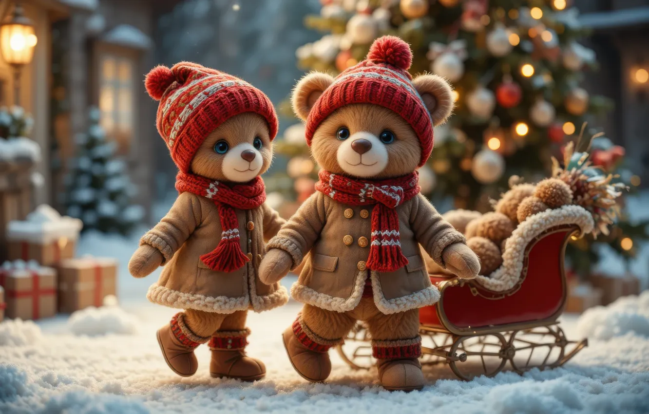 Photo wallpaper winter, snow, lights, hat, toy, new year, Christmas, bear