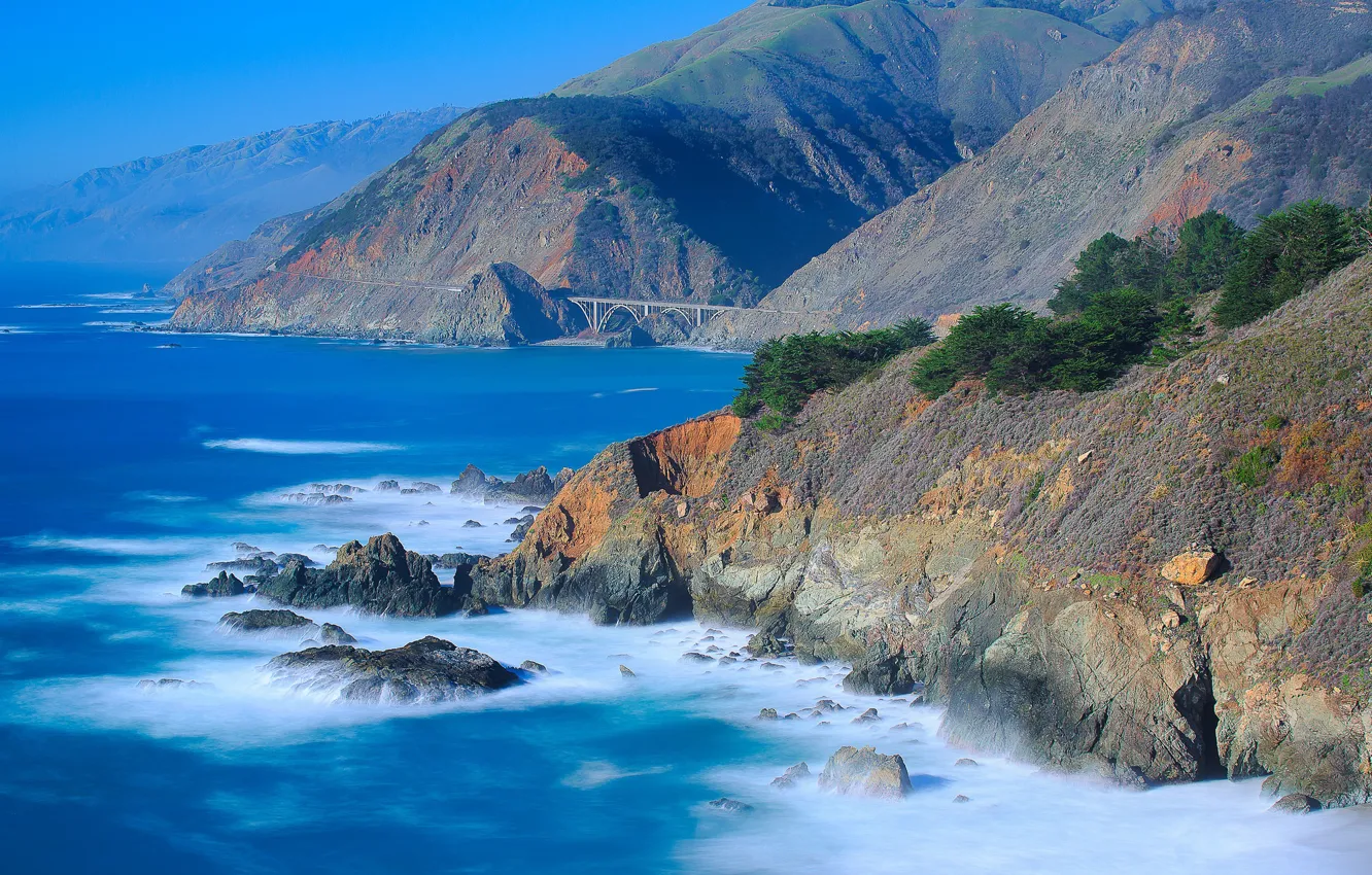 Photo wallpaper sea, mountains, bridge, CA, USA, Rocky Creek Bridge