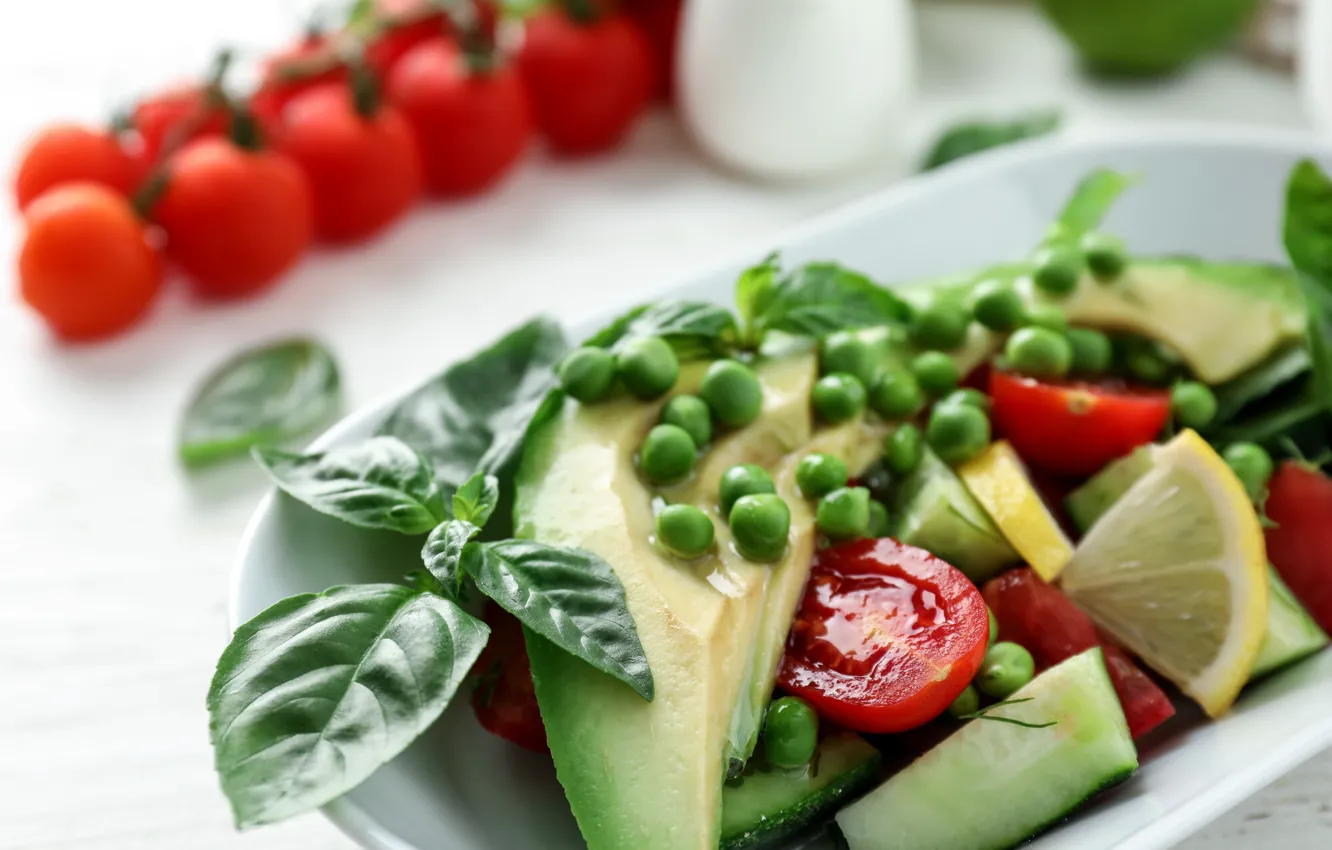 Photo wallpaper lemon, polka dot, tomatoes, cucumbers, salad, avocado, Basil