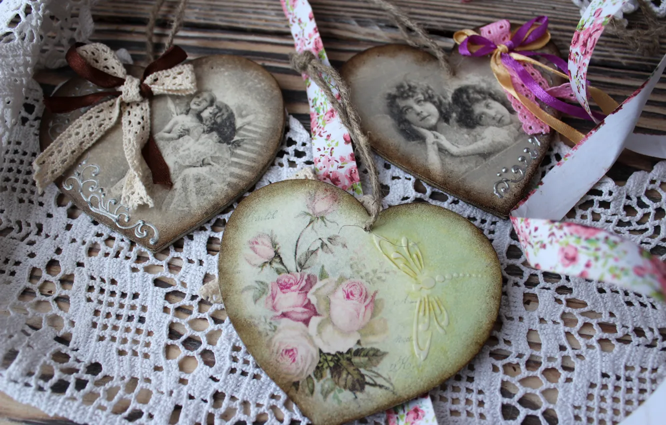 Photo wallpaper heart, roses, girl, bow, lace, vintage, decoupage