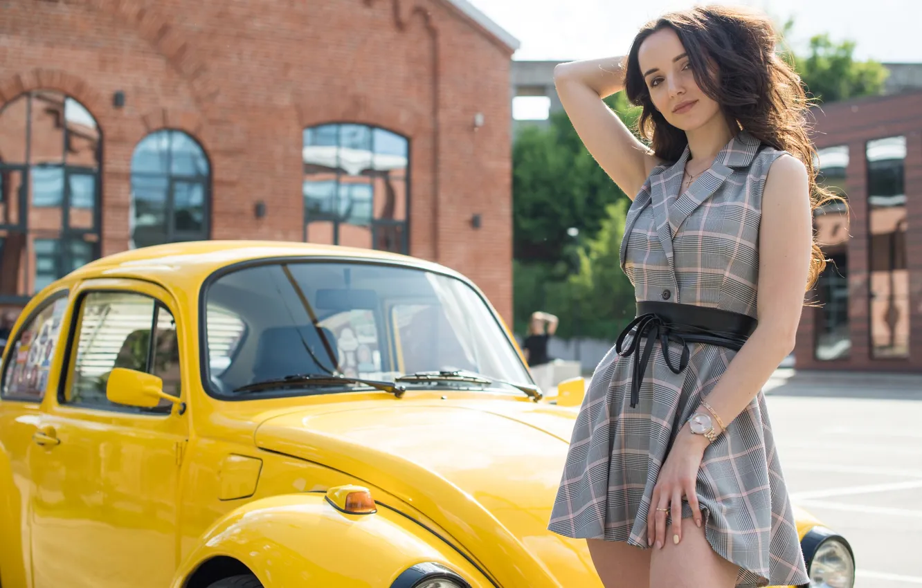 Photo wallpaper machine, auto, girl, pose, hands, dress, Volkswagen Beetle, Julia