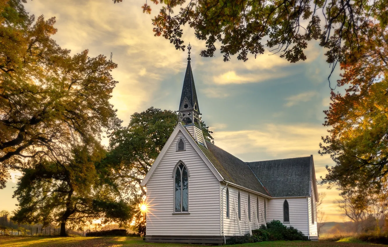 Photo wallpaper autumn, trees, Church