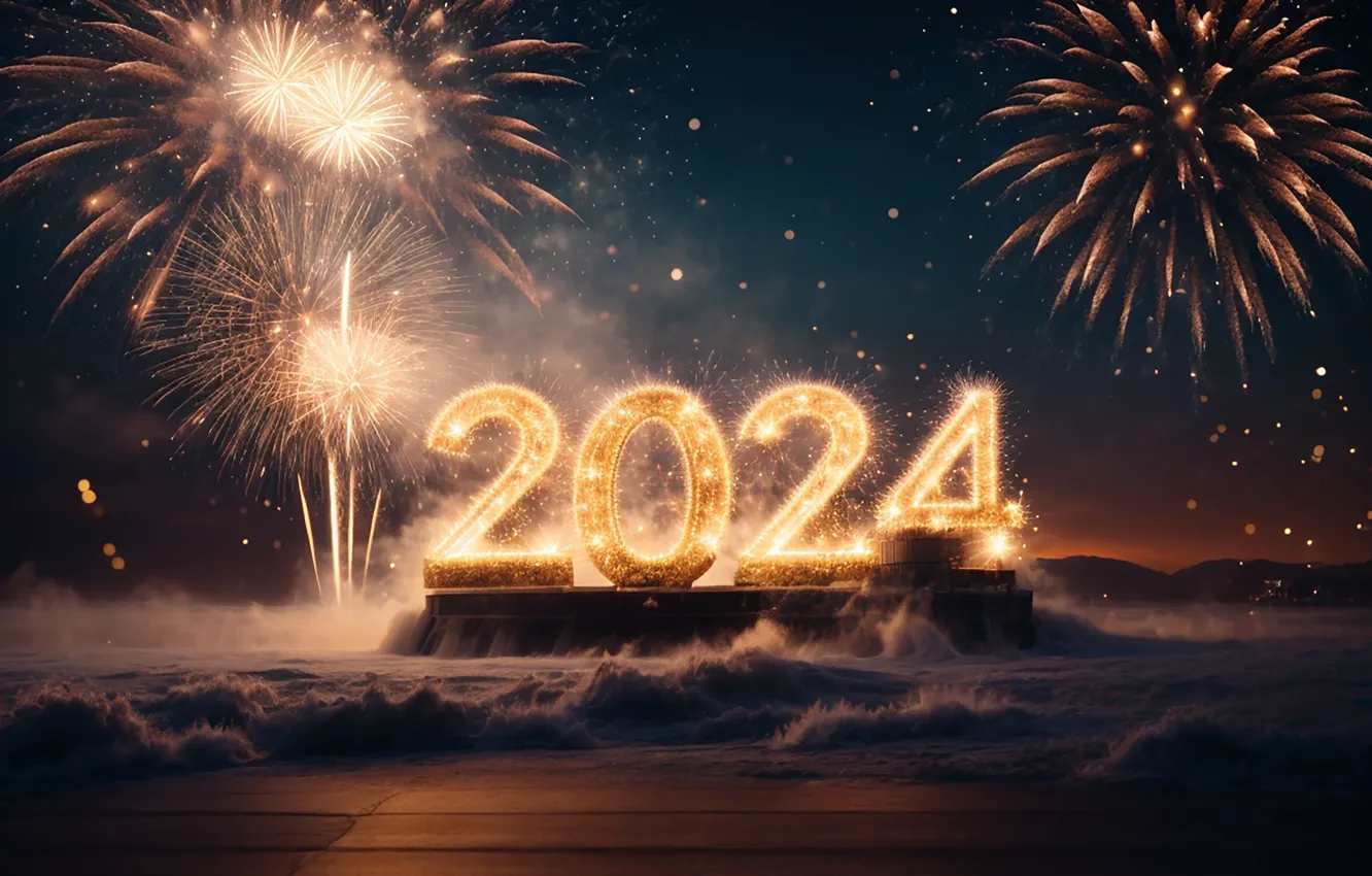 Photo wallpaper new year, salute, figures, golden, New Year, numbers, 2024, fieworks