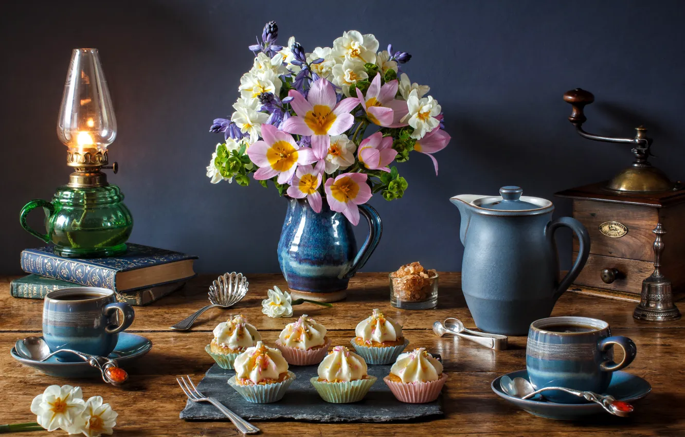 Photo wallpaper flowers, style, books, lamp, coffee, bouquet, tulips, mugs