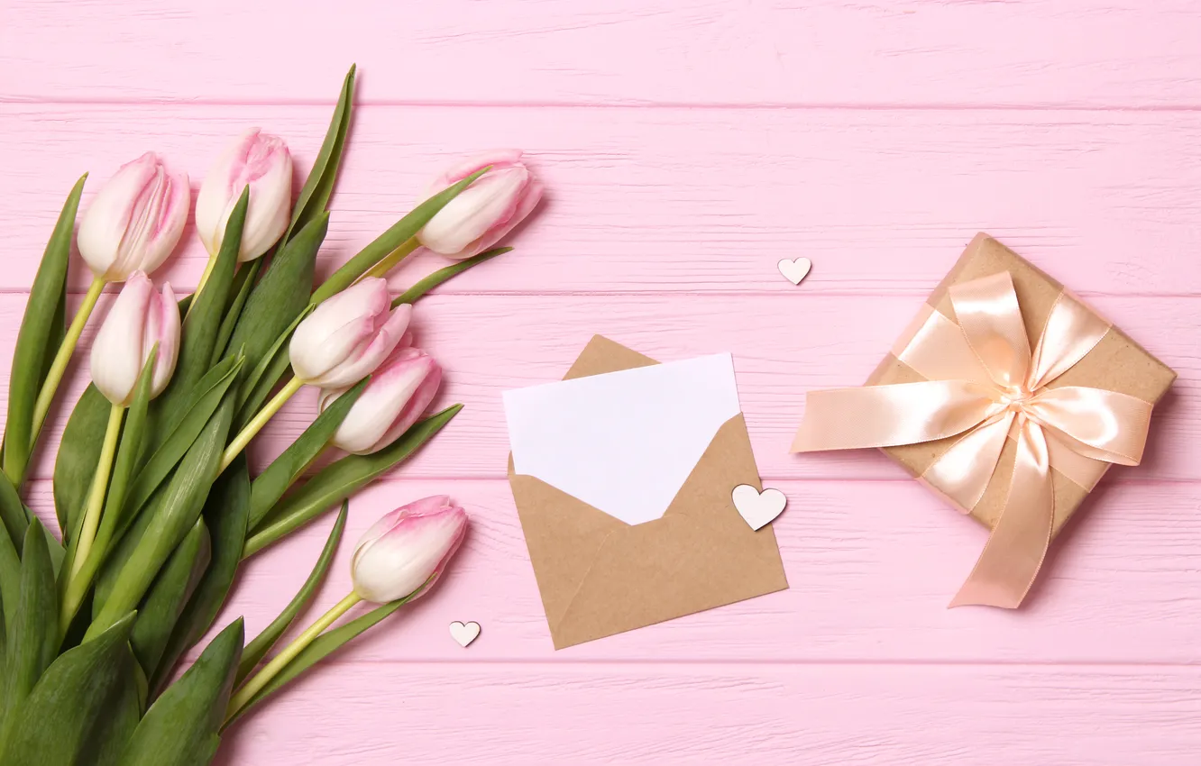 Photo wallpaper flowers, gift, bouquet, tulips, pink, wood, pink, flowers