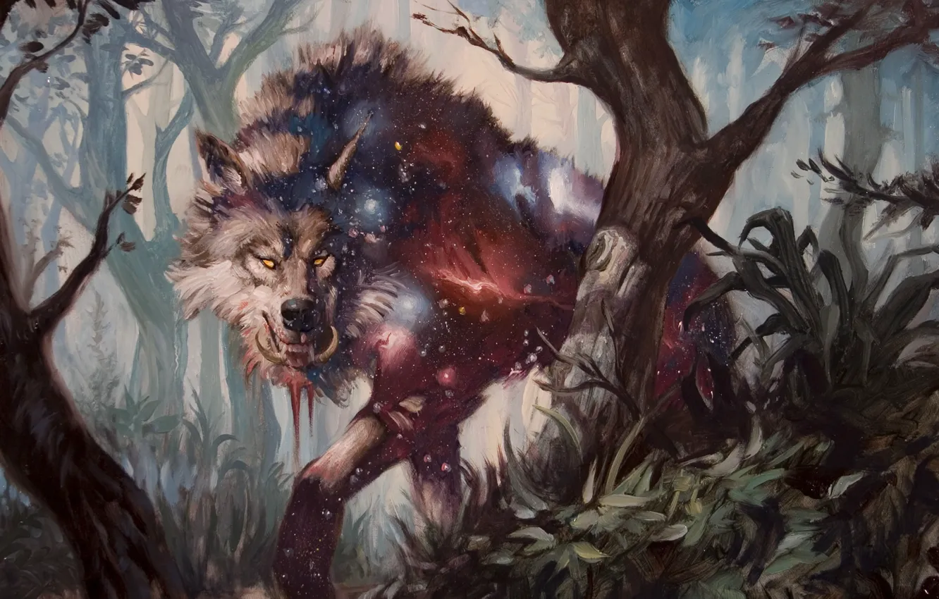 Photo wallpaper forest, wolf, painting, werewolf