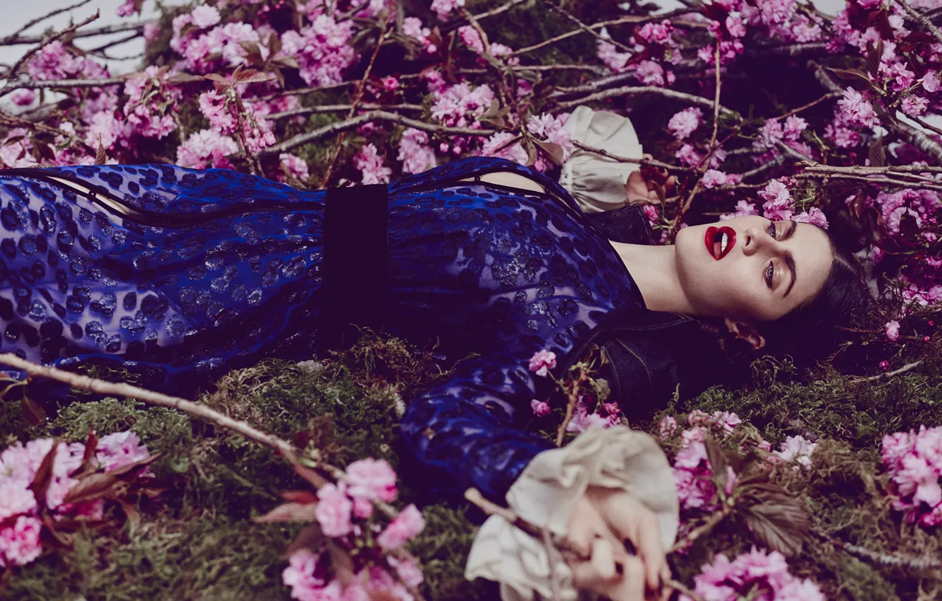 Photo wallpaper flowers, pose, Alexandra Daddario, girl, lips, dress