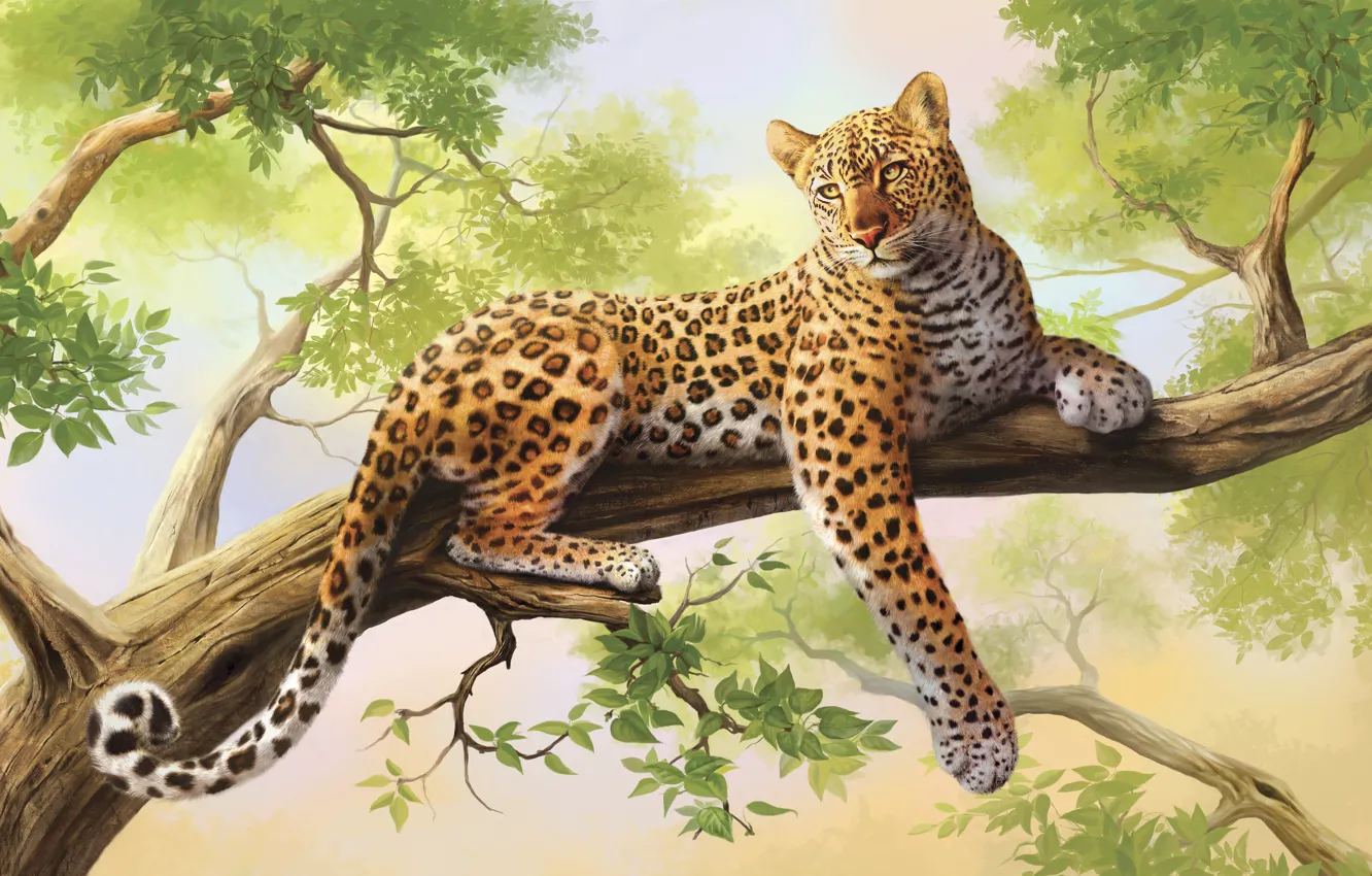 Photo wallpaper tree, leopard, painting, art, olggah