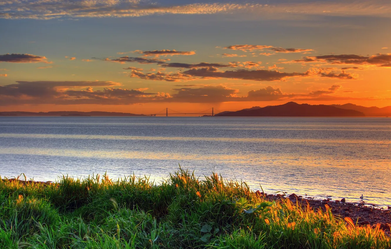 Photo wallpaper sea, grass, water, mountains, bridge, the city, photo, the ocean