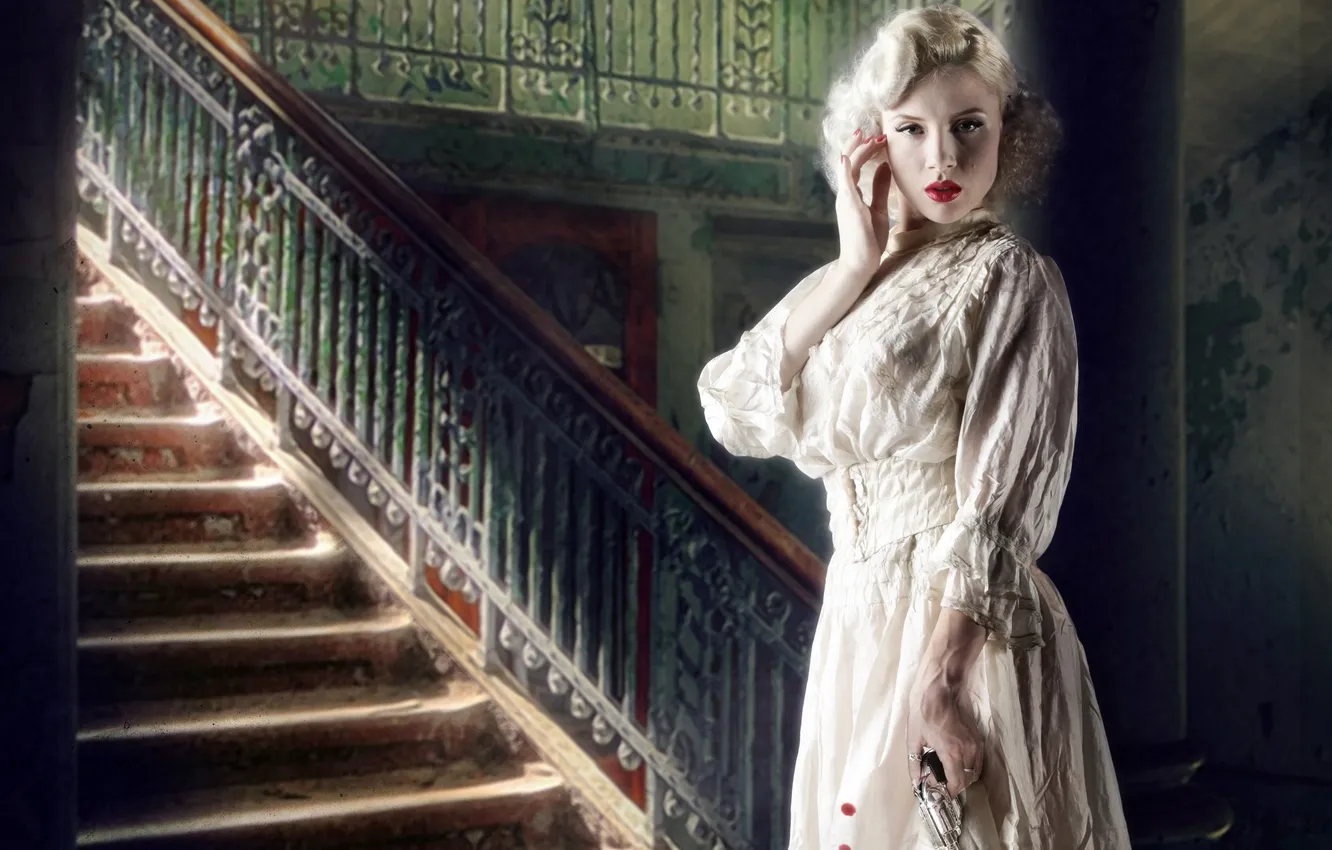 Photo wallpaper girl, gun, dress, blonde, ladder, revolver