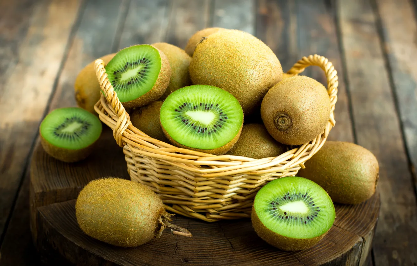 Photo wallpaper basket, Board, kiwi, fruit, bokeh, chock