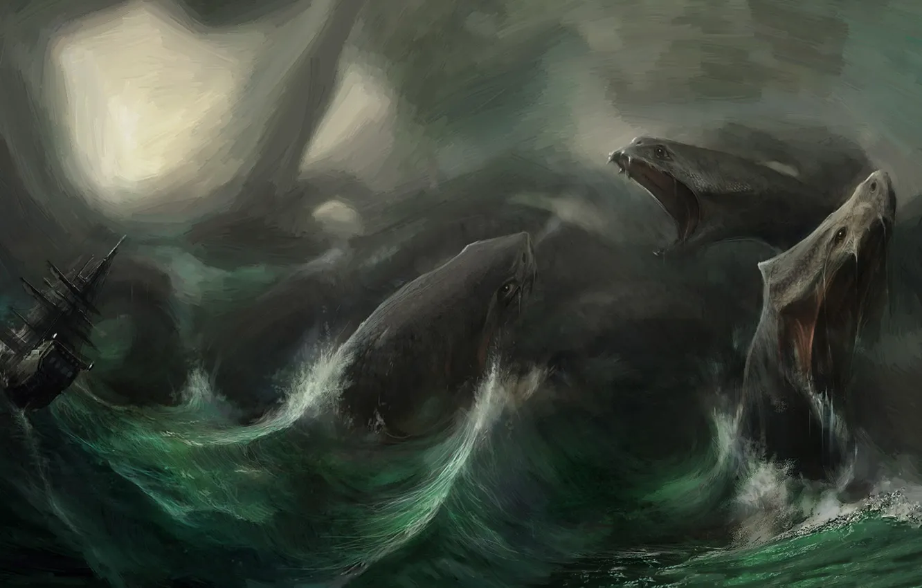 Photo wallpaper sea, wave, storm, the ocean, ship, monster, Hydra, Francesco Lorenzetti