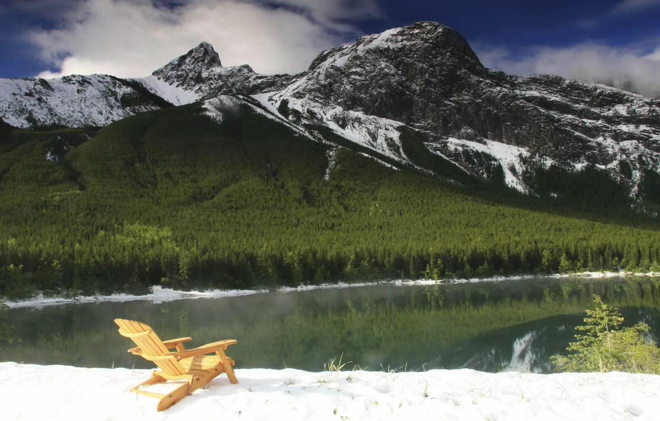 Photo wallpaper the sky, snow, mountains, lake, shop