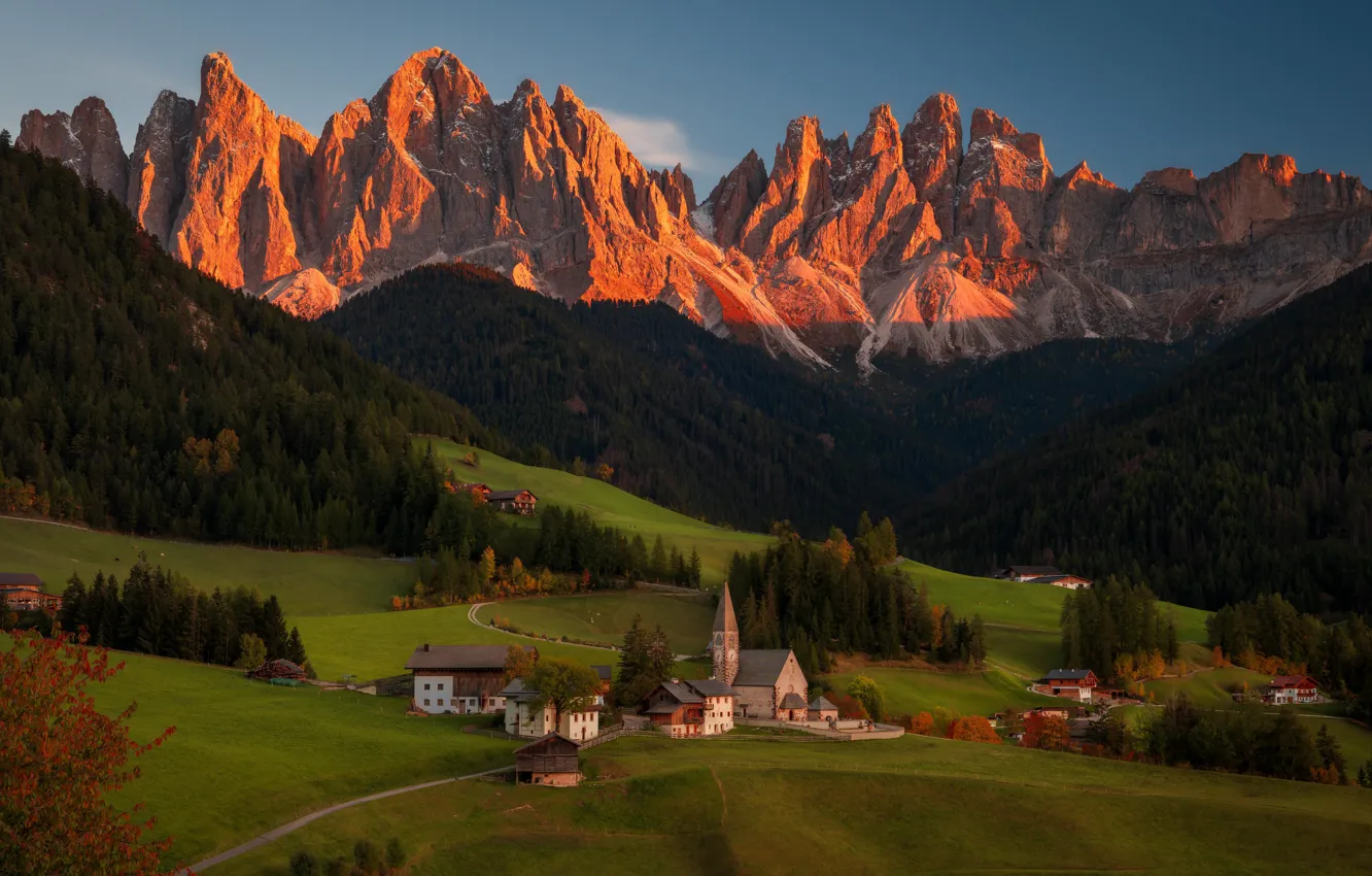 Photo wallpaper field, mountains, Alps, Church