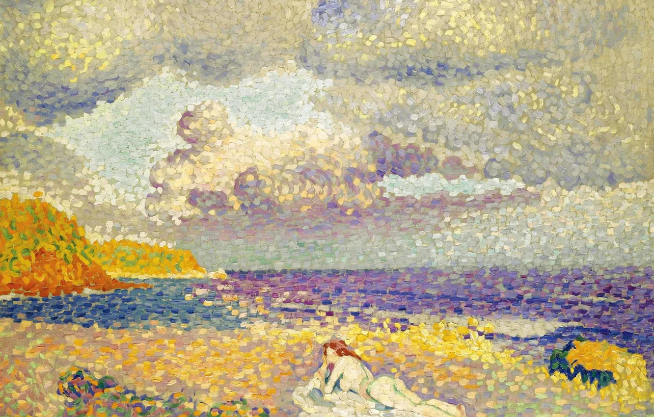 Photo wallpaper sea, erotic, girl, landscape, clouds, picture, Henri Edmond Cross, pointillism