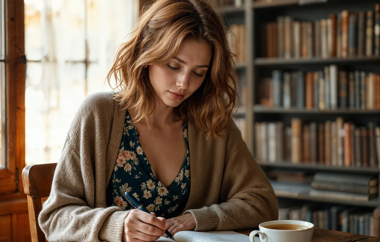 Photo wallpaper neural network, pose, table, window, tea, AI art, Cup, brown hair