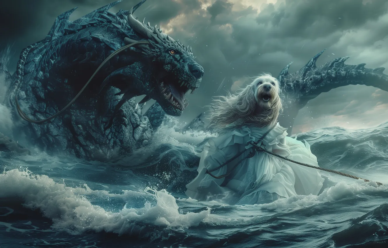 Photo wallpaper wave, white, clouds, storm, fear, fright, dragon, the victim