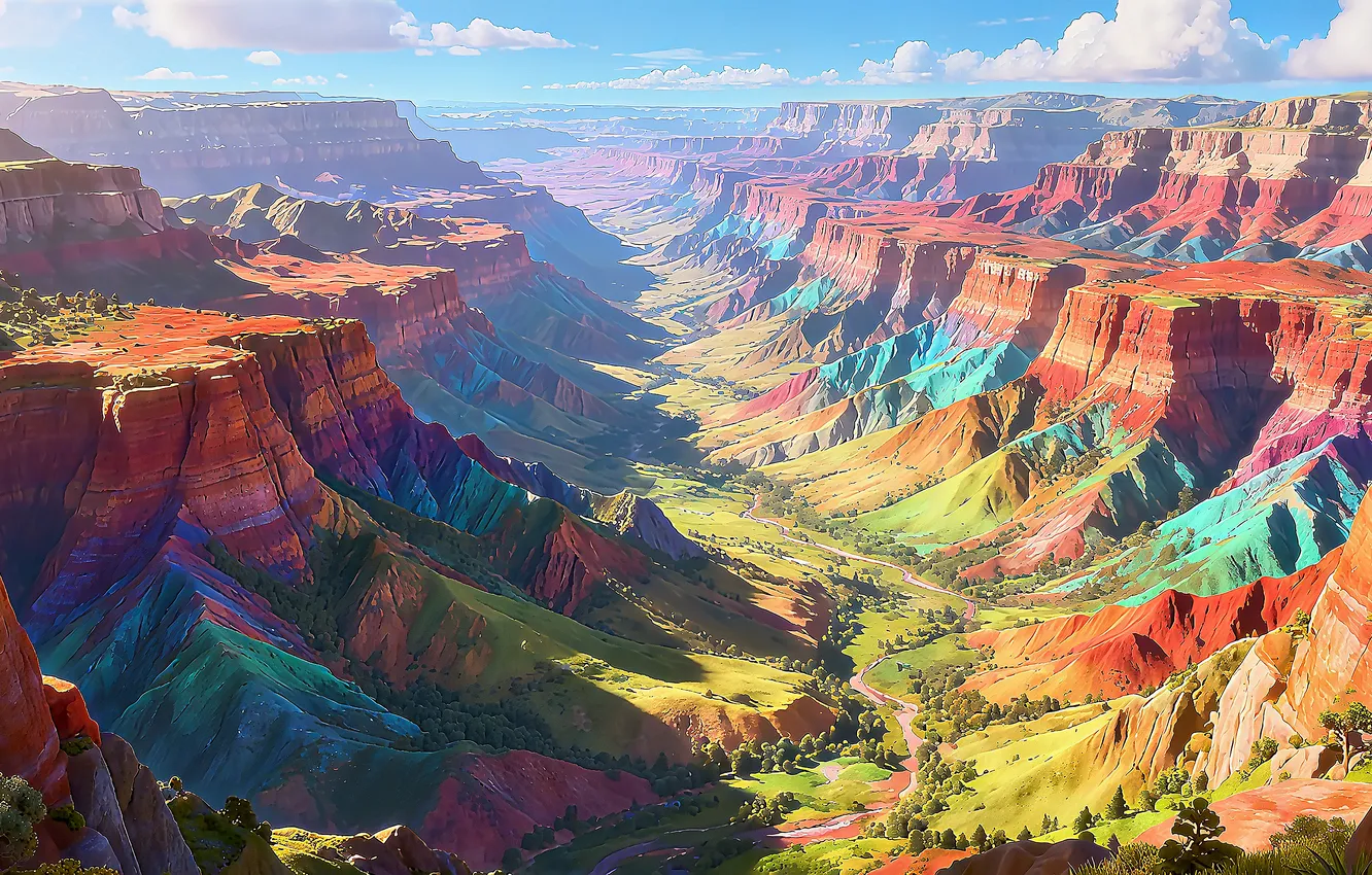 Photo wallpaper sky, landscape, art, mountains, clouds