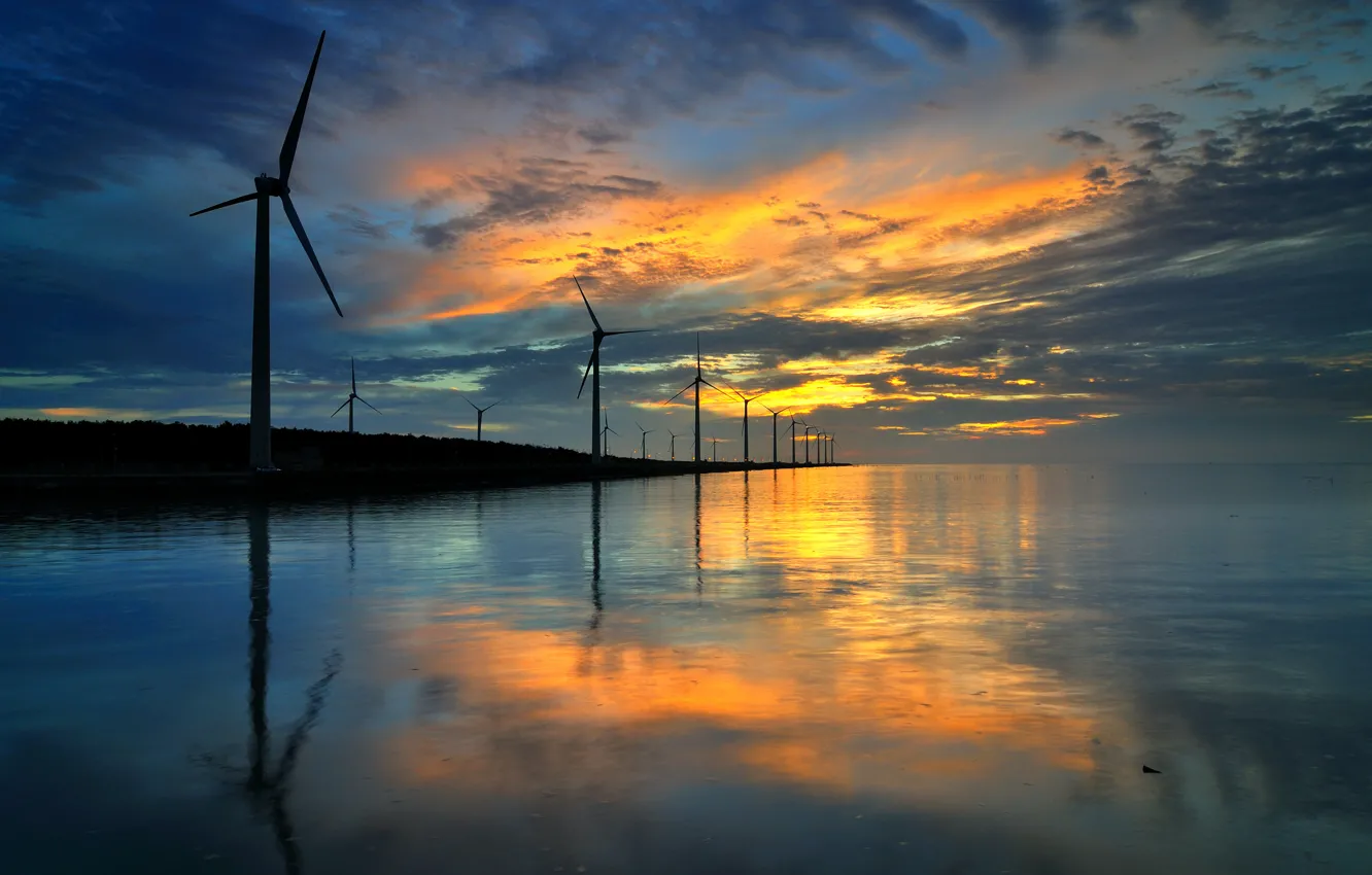 Photo wallpaper sea, water, reflection, the evening, mill