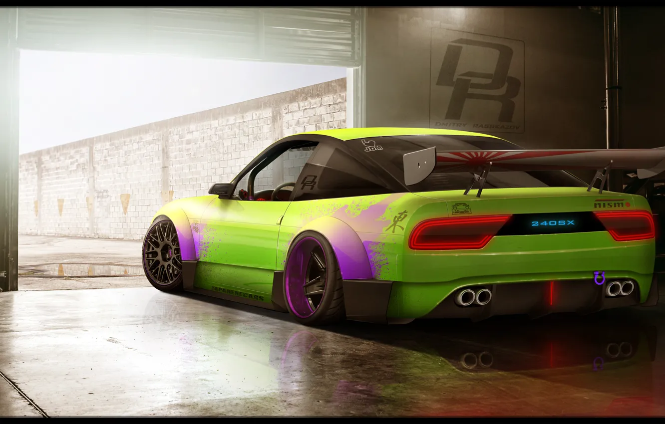 Photo wallpaper car, green, Nissan, Photoshop, tuning, 240sx