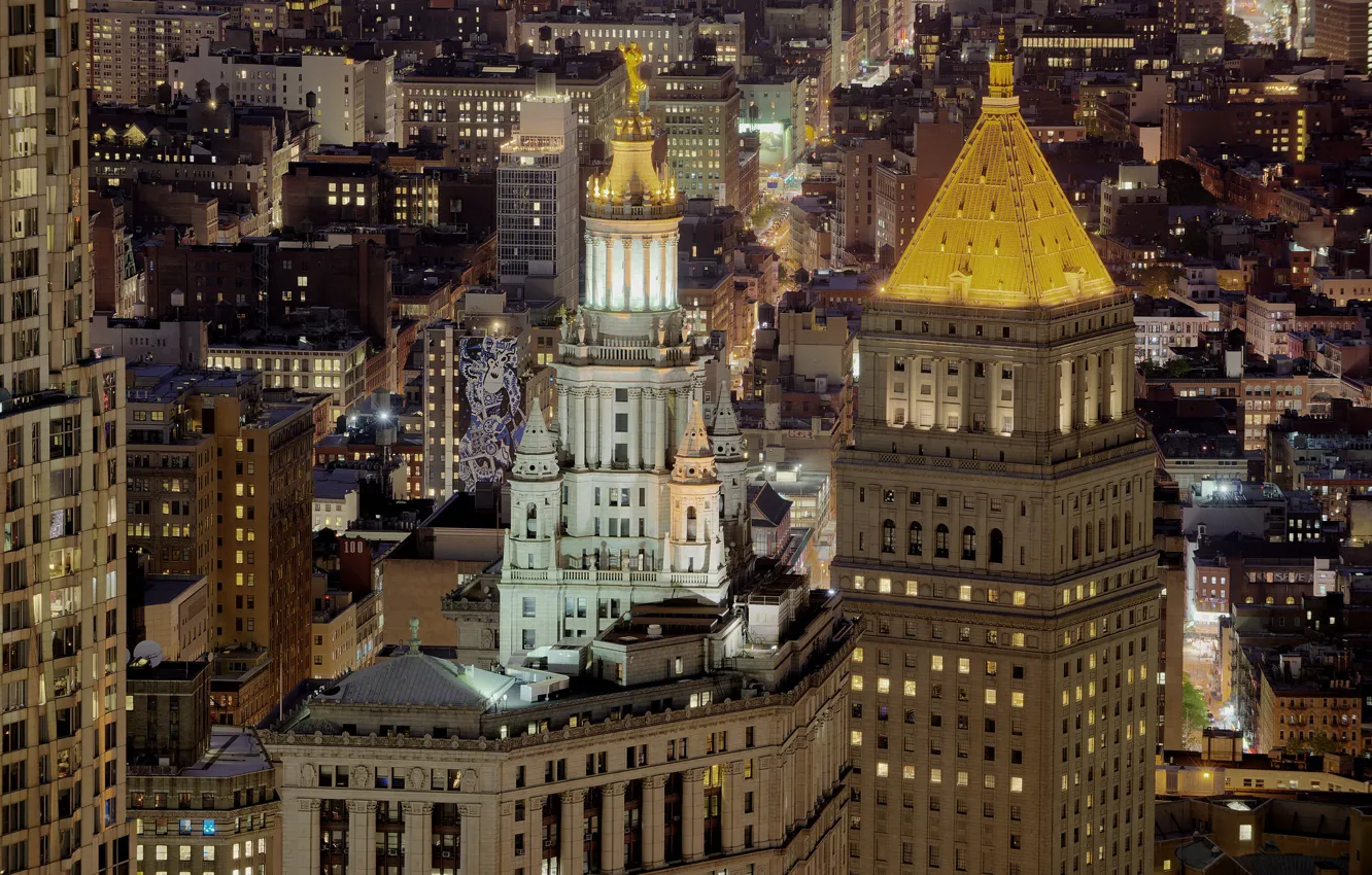 Photo wallpaper night, lights, tower, skyscraper, home, New York, panorama, USA