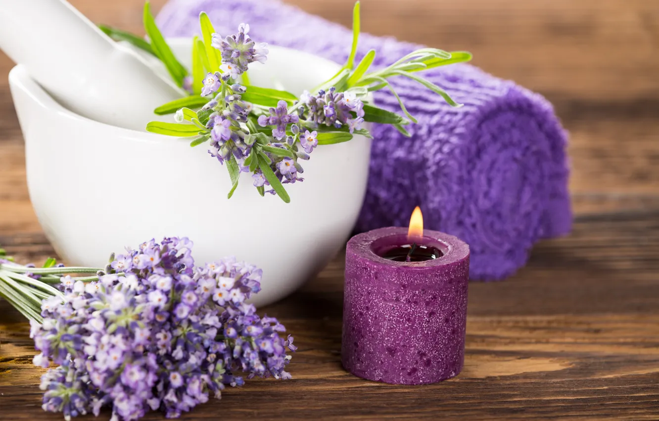 Photo wallpaper flowers, candle, towel, lavender