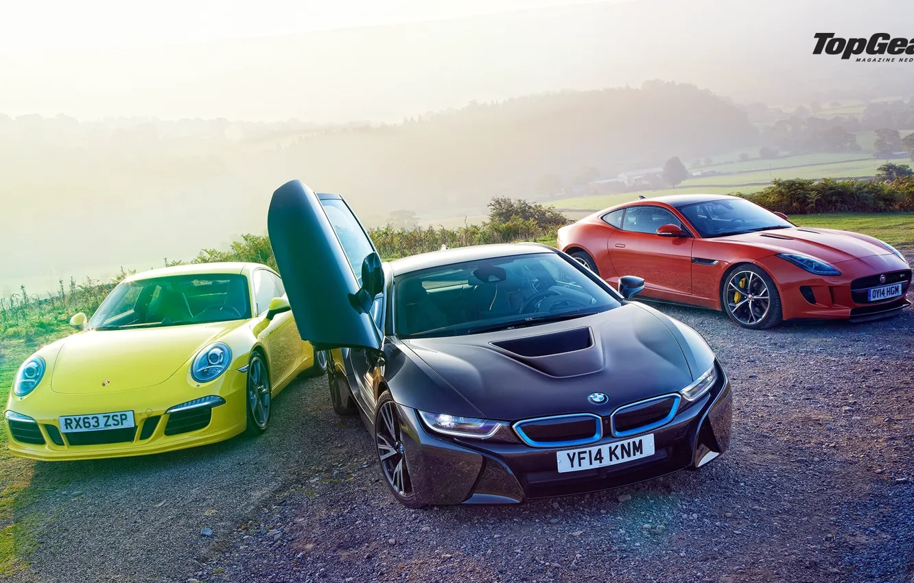 Photo wallpaper Top Gear, Porsche 911, Wallpaper, Supercars, BMW i8, Jaguar F-Type