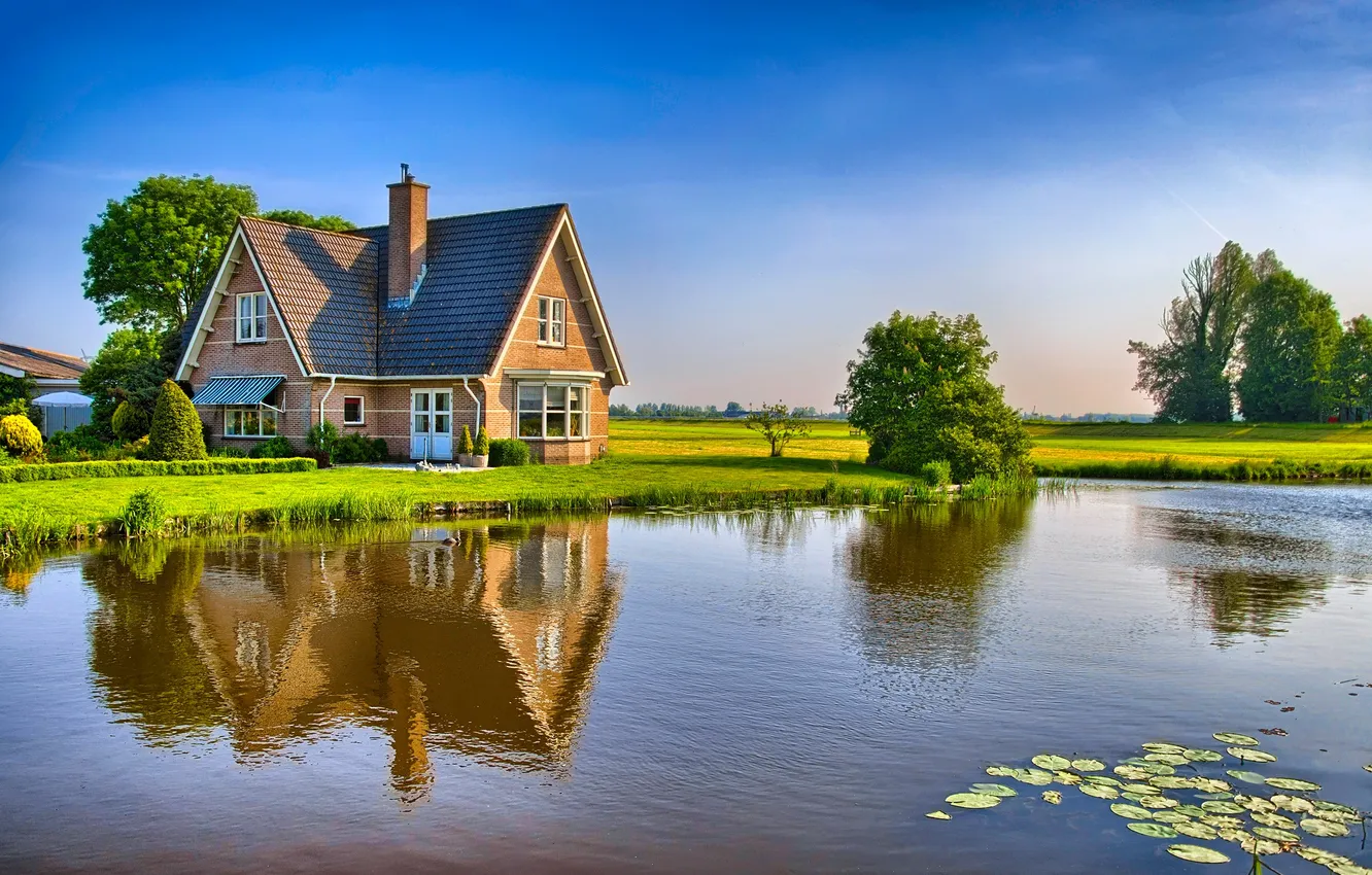 Photo wallpaper field, the sky, grass, clouds, trees, landscape, nature, lake