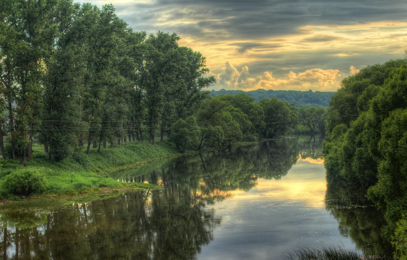 Photo wallpaper the sky, clouds, trees, landscape, clouds, nature, river