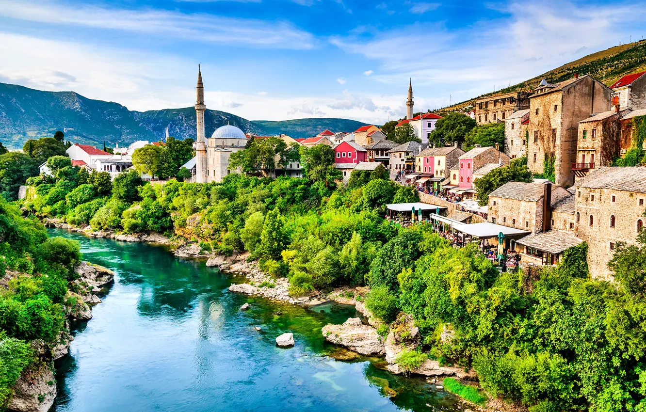 Photo wallpaper river, home, mosque, Bosnia and Herzegovina, Mostar
