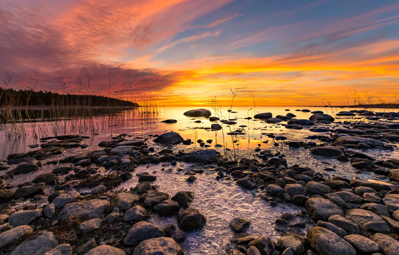 Photo wallpaper sunset, lake, Sweden