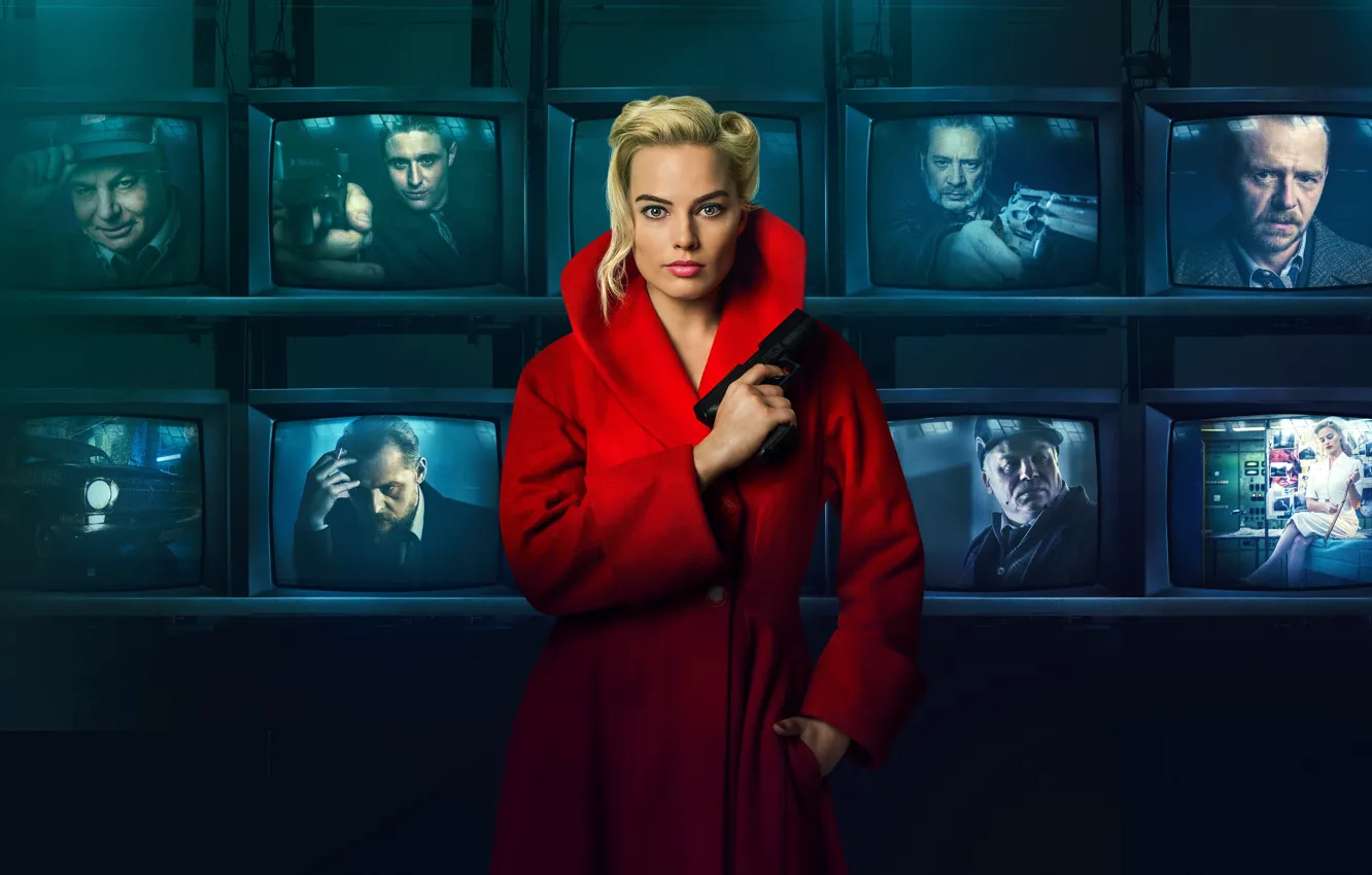 Photo wallpaper car, light, red, girl, gun, pistol, wall, woman