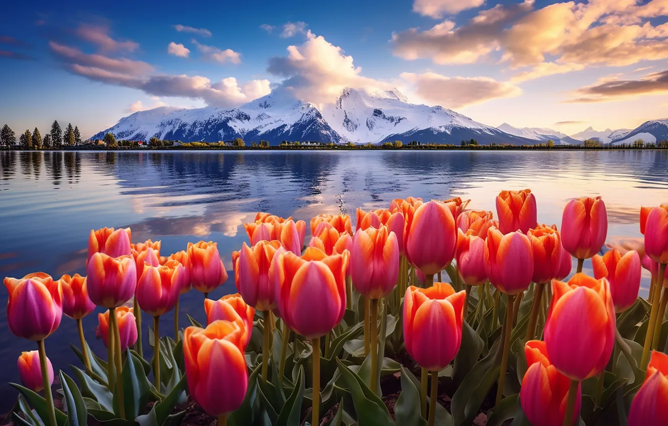 Photo wallpaper flowers, spring, colorful, tulips, red, sunshine, landscape, nature