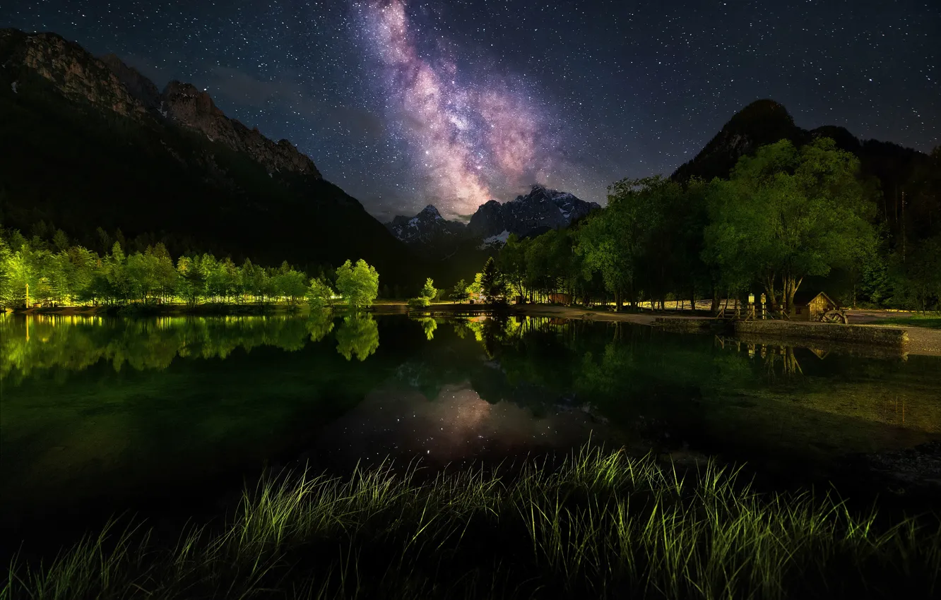 Photo wallpaper grass, stars, trees, mountains, night, nature, reflection, shore