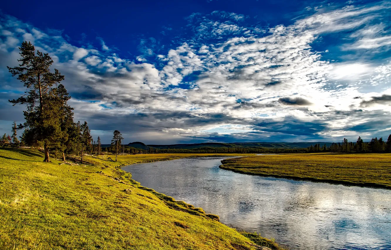 Photo wallpaper the sky, clouds, trees, river, Wyoming, Yellowstone National Park, Firehole River