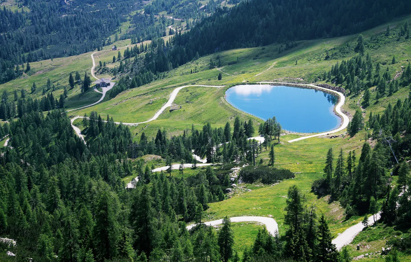 Photo wallpaper road, forest, lake, home, Alps, Garnitzen