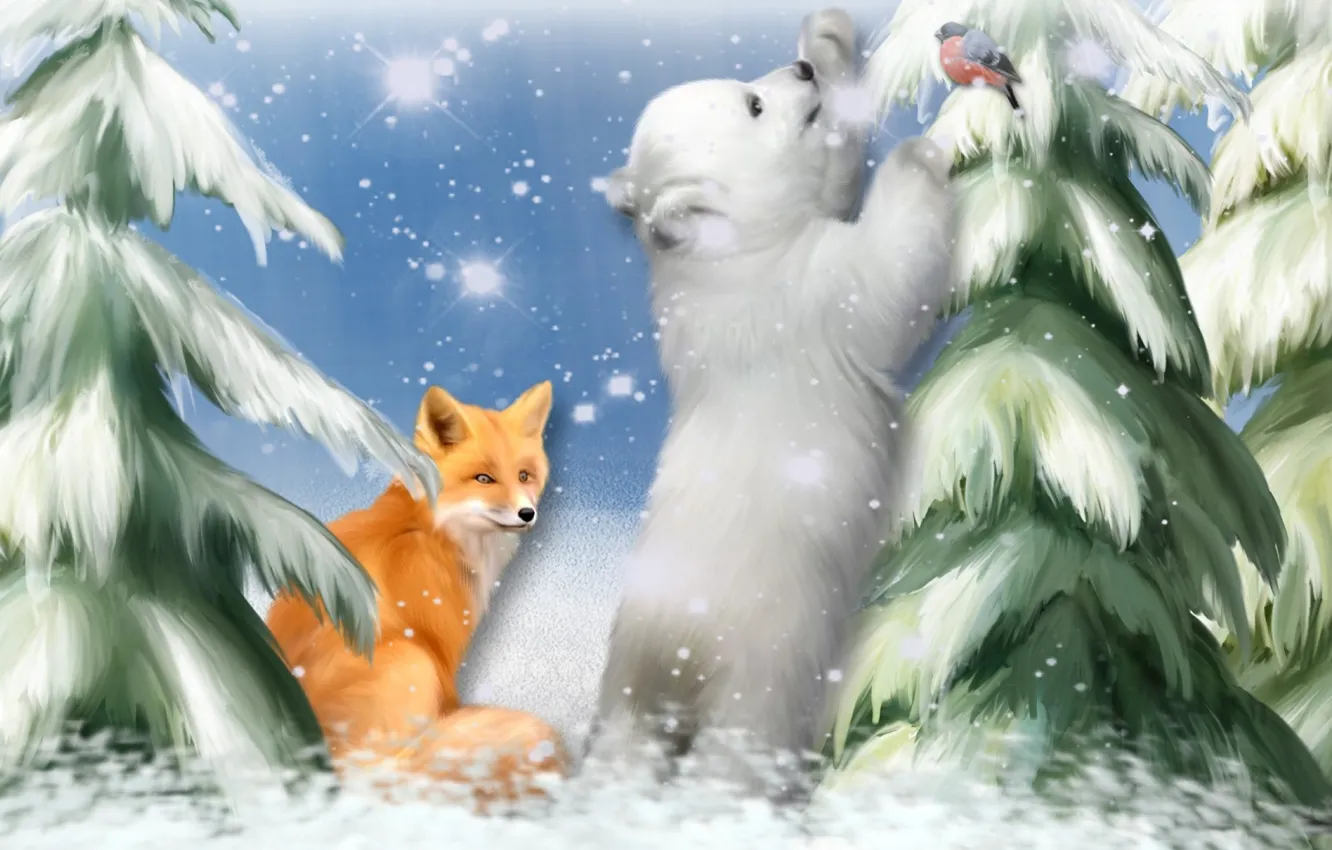 Photo wallpaper snow, snowflakes, the game, tree, picture, art, Fox, bear