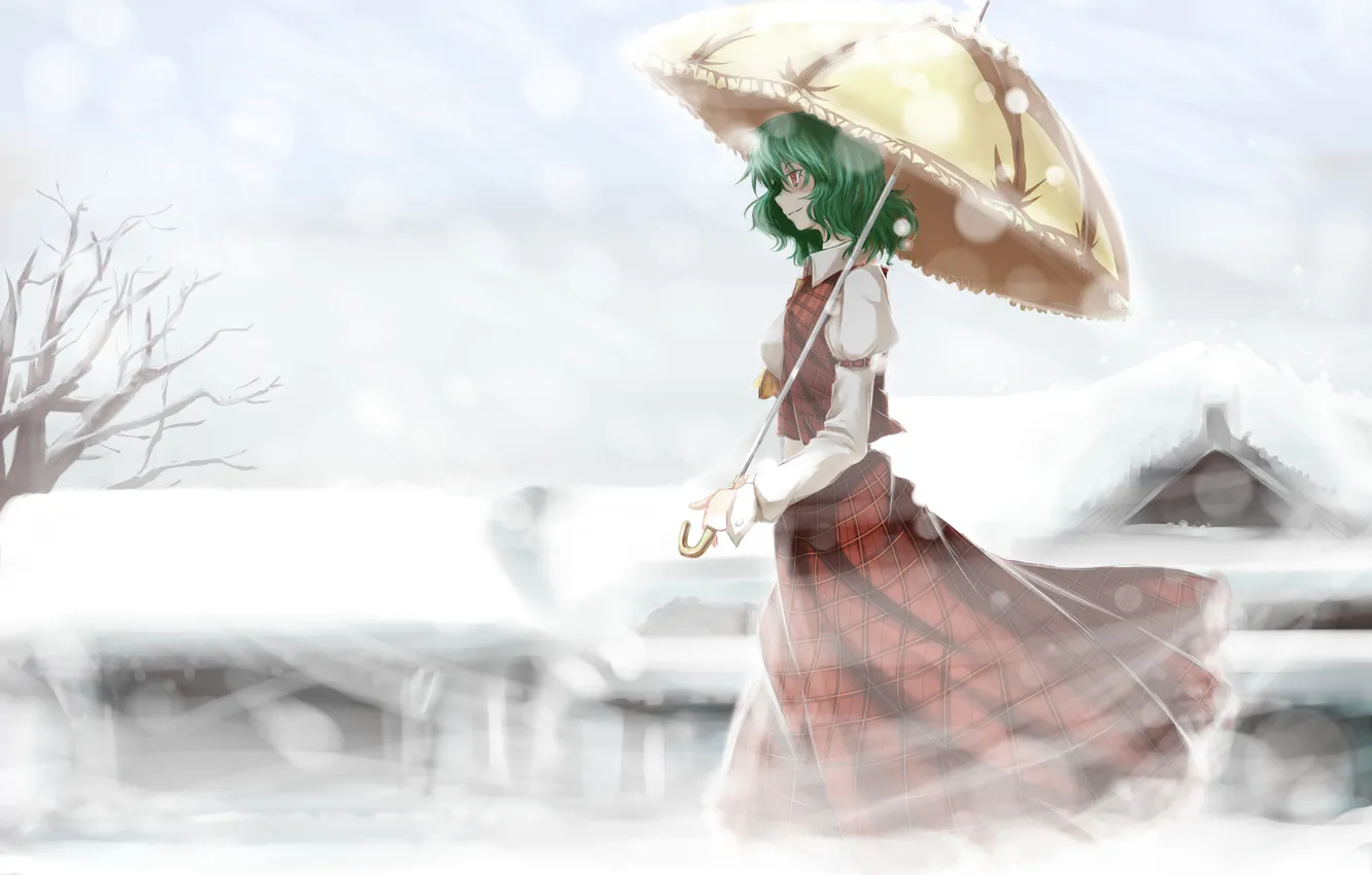 Photo wallpaper cold, winter, girl, smile, mood, umbrella, touhou, art