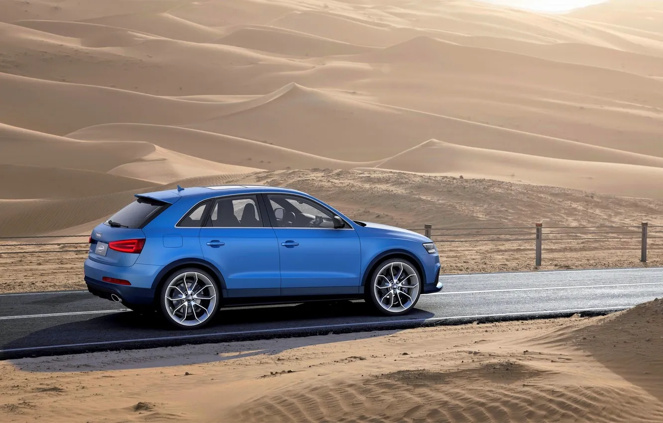 Photo wallpaper road, sand, machine, blue, Audi, desert, in motion