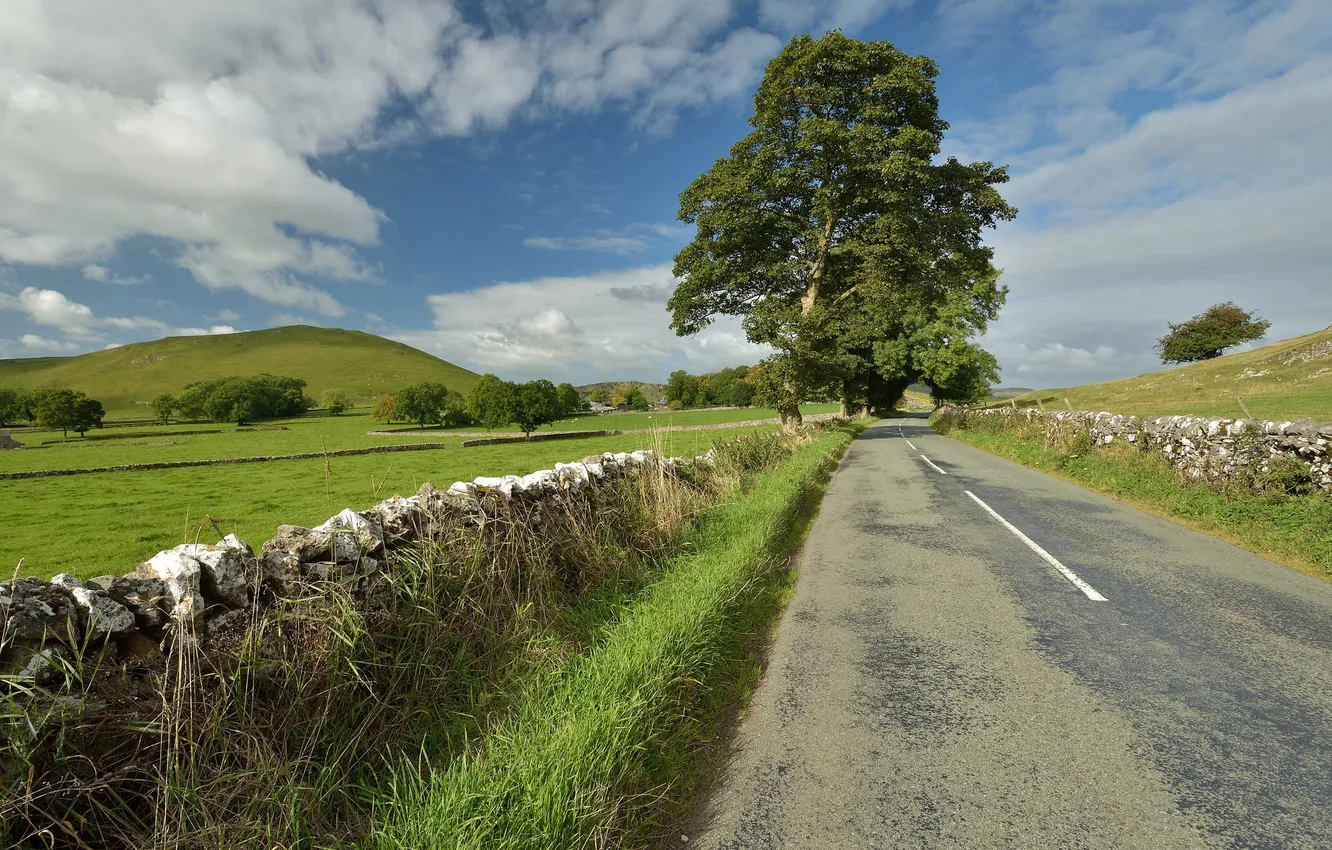 Photo wallpaper road, the sky, mountains, stones, tree, the fence